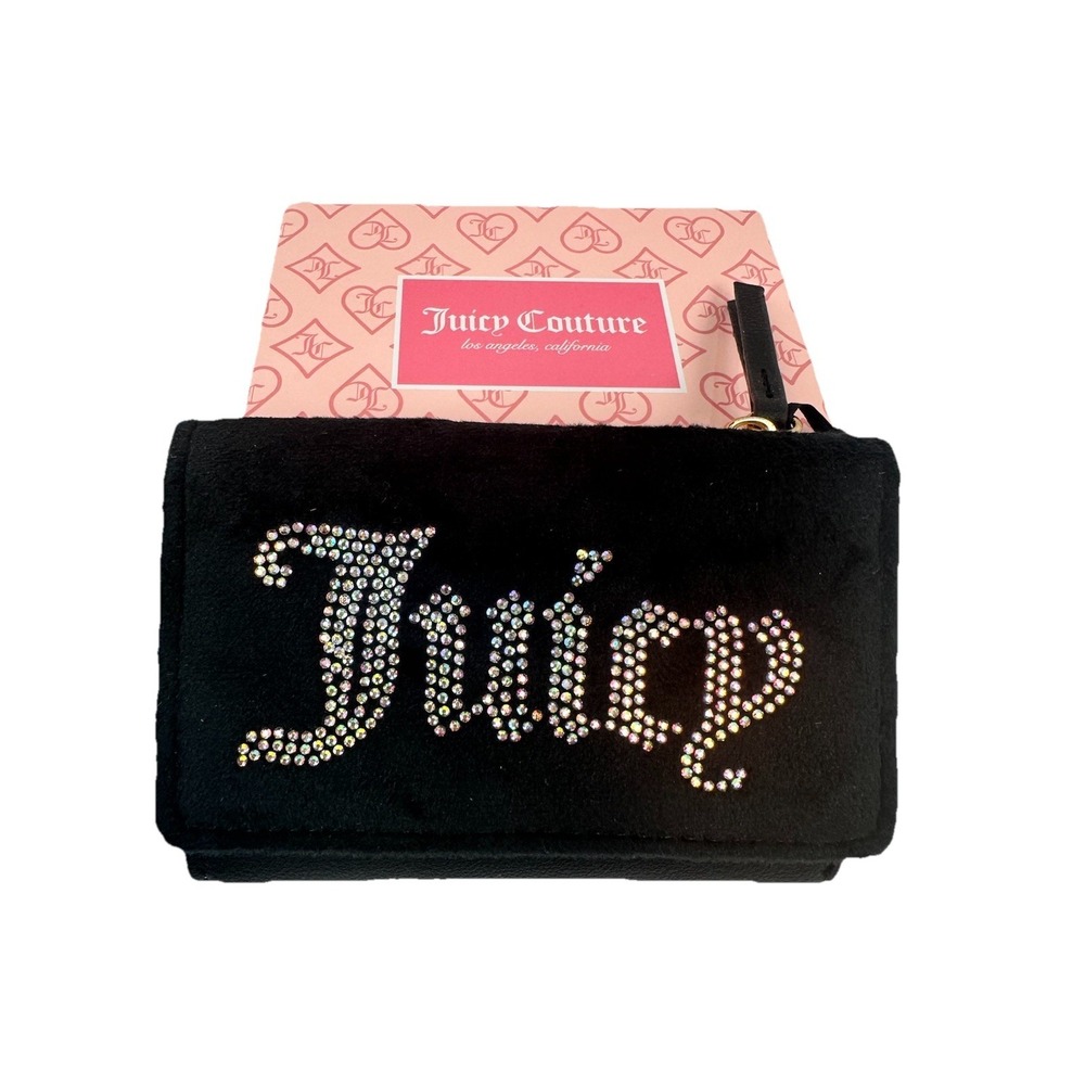 Juicy Couture Black Rhinestone Logo Trifold Wallet Faux Leather NWT Gift Box